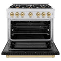 ZLINE Autograph Edition 36 in. 5.2 cu. ft. Select Dual Fuel Range with 6 Burner Gas Cooktop and Electric Convection Oven in Satin Stainless Steel with Black Matte Door and Champagne Bronze Accents, Open Box-Great Condition