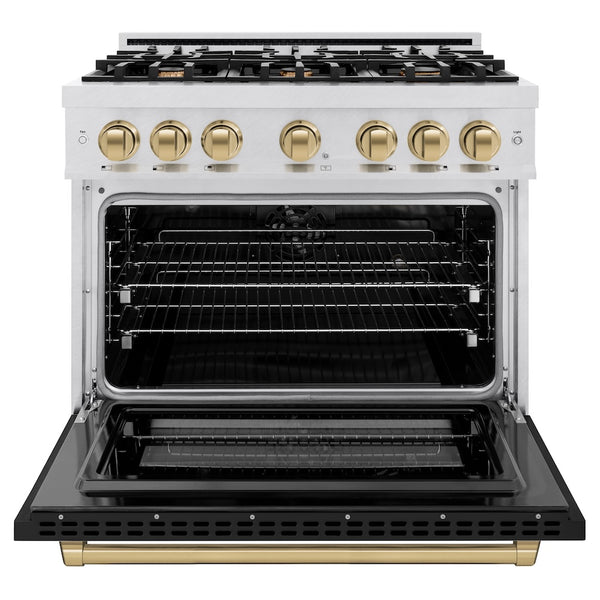 ZLINE Autograph Edition 36 in. 5.2 cu. ft. Select Dual Fuel Range with 6 Burner Gas Cooktop and Electric Convection Oven in Satin Stainless Steel with Black Matte Door and Champagne Bronze Accents, Open Box-Great Condition