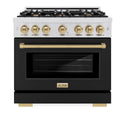 ZLINE Autograph Edition 36 in. 5.2 cu. ft. Select Dual Fuel Range with 6 Burner Gas Cooktop and Electric Convection Oven in Satin Stainless Steel with Black Matte Door and Champagne Bronze Accents, Open Box-Great Condition