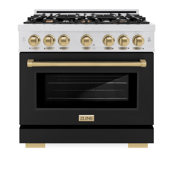 ZLINE Autograph Edition 36 in. 5.2 cu. ft. Select Dual Fuel Range with 6 Burner Gas Cooktop and Electric Convection Oven in Satin Stainless Steel with Black Matte Door and Champagne Bronze Accents, Open Box-Great Condition