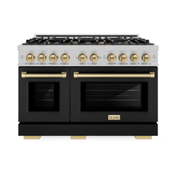 ZLINE Autograph Edition 48 in. 6.7 cu. ft. Select Double Oven Dual Fuel Range with 8 Burner Gas Cooktop in Satin Stainless Steel with Black Matte Doors and Champagne Bronze Accents (HDRSZ-BLM-48-CB)