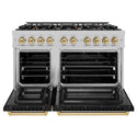 ZLINE Autograph Edition 48 in. 6.7 cu. ft. Select Double Oven Dual Fuel Range with 8 Burner Gas Cooktop in Satin Stainless Steel with Black Matte Doors and Champagne Bronze Accents, Open Box-Great Condition