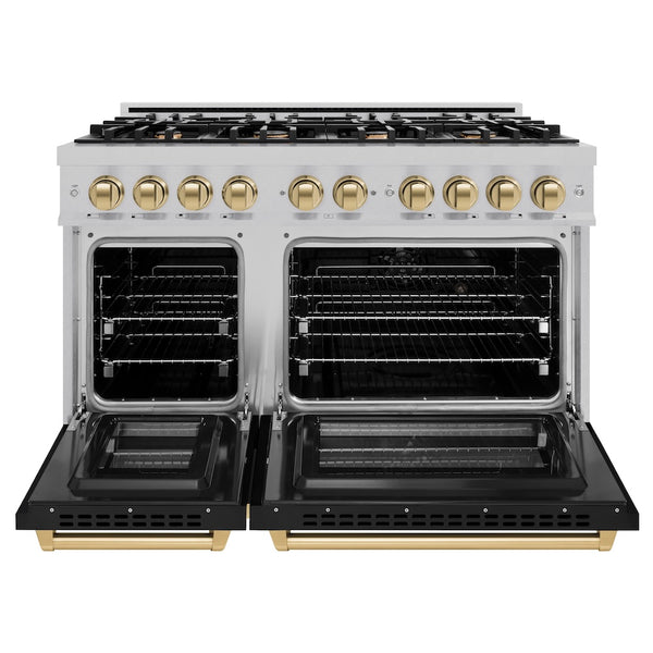 ZLINE Autograph Edition 48 in. 6.7 cu. ft. Select Double Oven Dual Fuel Range with 8 Burner Gas Cooktop in Satin Stainless Steel with Black Matte Doors and Champagne Bronze Accents, Open Box-Great Condition