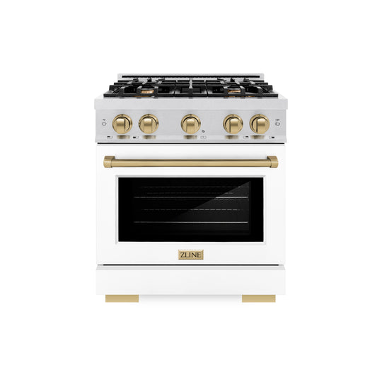ZLINE Autograph Edition 30 in. 4.2 cu. ft. Select Dual Fuel Range with 4 Burner Gas Cooktop and Electric Convection Oven in Satin Stainless Steel with White Matte Door and Champagne Bronze Accents (HDRSZ-WM-30-CB)