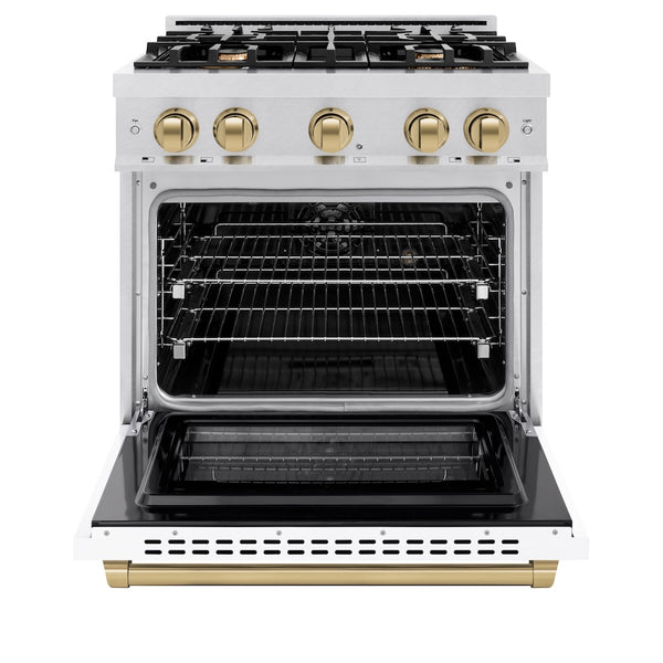 ZLINE Autograph Edition 30 in. 4.2 cu. ft. Select Dual Fuel Range with 4 Burner Gas Cooktop and Electric Convection Oven in Satin Stainless Steel with White Matte Door and Champagne Bronze Accents, Open Box-Great Condition