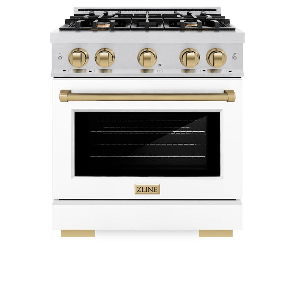 ZLINE Autograph Edition 30 in. 4.2 cu. ft. Select Dual Fuel Range with 4 Burner Gas Cooktop and Electric Convection Oven in Satin Stainless Steel with White Matte Door and Champagne Bronze Accents, Open Box-Great Condition