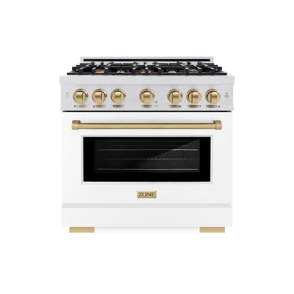 ZLINE Autograph Edition 36 in. 5.2 cu. ft. Select Dual Fuel Range with 6 Burner Gas Cooktop and Electric Convection Oven in Satin Stainless Steel with White Matte Door and Champagne Bronze Accents, Open Box-Great Condition