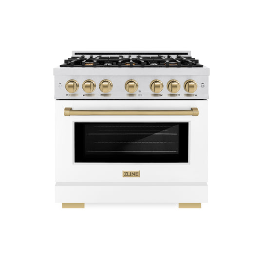 ZLINE Autograph Edition 36 in. 5.2 cu. ft. Select Dual Fuel Range with 6 Burner Gas Cooktop and Electric Convection Oven in Satin Stainless Steel with White Matte Door and Champagne Bronze Accents (HDRSZ-WM-36-CB)