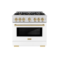 ZLINE Autograph Edition 36 in. 5.2 cu. ft. Select Dual Fuel Range with 6 Burner Gas Cooktop and Electric Convection Oven in Satin Stainless Steel with White Matte Door and Polished Gold Accents (HDRSZ-WM-36-G)