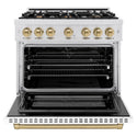 ZLINE Autograph Edition 36 in. 5.2 cu. ft. Select Dual Fuel Range with 6 Burner Gas Cooktop and Electric Convection Oven in Satin Stainless Steel with White Matte Door and Champagne Bronze Accents, Open Box-Great Condition