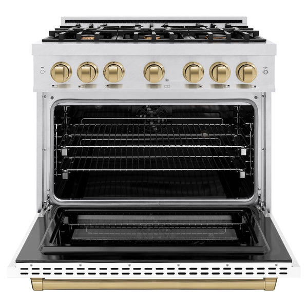 ZLINE Autograph Edition 36 in. 5.2 cu. ft. Select Dual Fuel Range with 6 Burner Gas Cooktop and Electric Convection Oven in Satin Stainless Steel with White Matte Door and Champagne Bronze Accents, Open Box-Great Condition