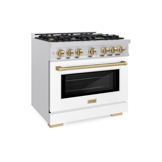 ZLINE Autograph Edition 36 in. 5.2 cu. ft. Select Dual Fuel Range with 6 Burner Gas Cooktop and Electric Convection Oven in Satin Stainless Steel with White Matte Door and Champagne Bronze Accents, Open Box-Great Condition