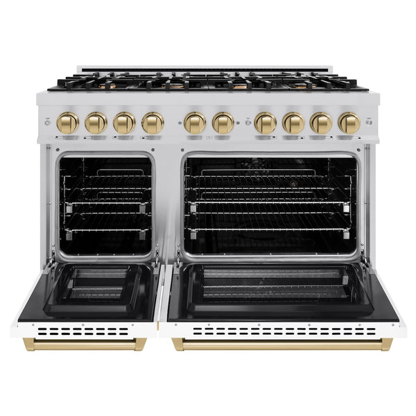 ZLINE Autograph Edition 48 in. 6.7 cu. ft. Select Double Oven Dual Fuel Range with 8 Burner Gas Cooktop in Satin Stainless Steel with White Matte Doors and Champagne Bronze Accents, Open Box-Great Condition