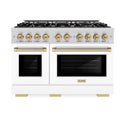 ZLINE Autograph Edition 48 in. 6.7 cu. ft. Select Double Oven Dual Fuel Range with 8 Burner Gas Cooktop in Satin Stainless Steel with White Matte Doors and Champagne Bronze Accents, Open Box-Great Condition