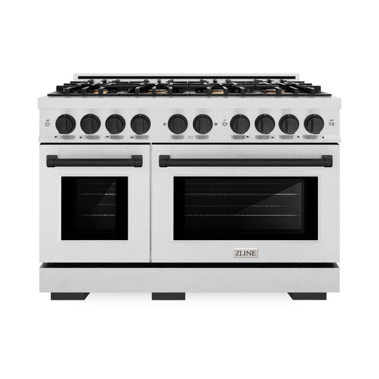 ZLINE Autograph Edition 48 in. 6.7 cu. ft. Select Double Oven Dual Fuel Range with 8 Burner Gas Cooktop in Satin Stainless Steel and Matte Black Accents (HDRSZ-48-MB)