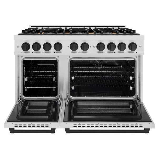 ZLINE Autograph Edition 48 in. 6.7 cu. ft. Select Double Oven Dual Fuel Range with 8 Burner Gas Cooktop in Satin Stainless Steel and Matte Black Accents (HDRSZ-48-MB)