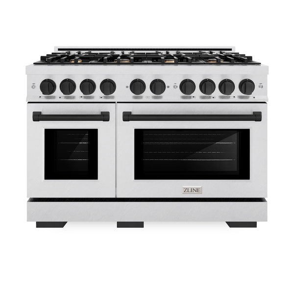 ZLINE Autograph Edition 48 in. 6.7 cu. ft. Select Double Oven Dual Fuel Range with 8 Burner Gas Cooktop in Satin Stainless Steel and Matte Black Accents, Open Box-Great Condition