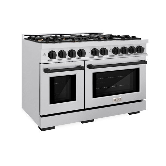 ZLINE Autograph Edition 48 in. 6.7 cu. ft. Select Double Oven Dual Fuel Range with 8 Burner Gas Cooktop in Satin Stainless Steel and Matte Black Accents, Open Box-Great Condition