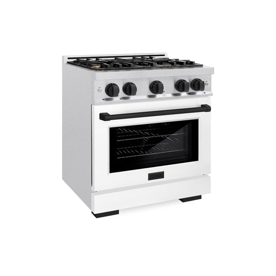 ZLINE Autograph Edition 30 in. 4.2 cu. ft. Select Dual Fuel Range with 4 Burner Gas Cooktop and Electric Convection Oven in Satin Stainless Steel with White Matte Door and Matte Black Accents, Open Box-Great Condition