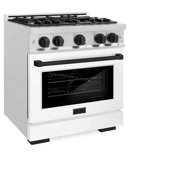 ZLINE Autograph Edition 30 in. 4.2 cu. ft. Select Dual Fuel Range with 4 Burner Gas Cooktop and Electric Convection Oven in Satin Stainless Steel with White Matte Door and Matte Black Accents, Open Box-Great Condition