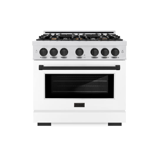 ZLINE Autograph Edition 36 in. 5.2 cu. ft. Select Dual Fuel Range with 6 Burner Gas Cooktop and Electric Convection Oven in Satin Stainless Steel with White Matte Door and Matte Black Accents (HDRSZ-WM-36-MB)