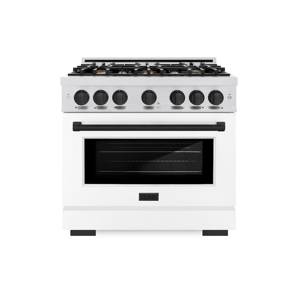 ZLINE Autograph Edition 36 in. 5.2 cu. ft. Select Dual Fuel Range with 6 Burner Gas Cooktop and Electric Convection Oven in Satin Stainless Steel with White Matte Door and Matte Black Accents, Open Box-Great Condition