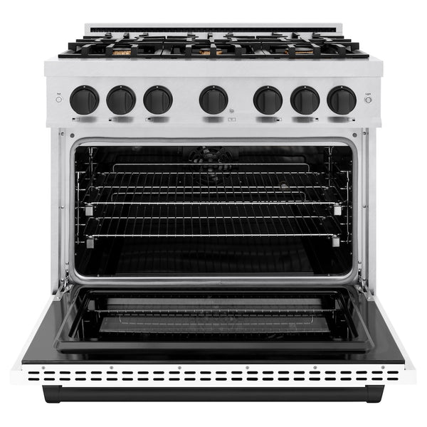 ZLINE Autograph Edition 36 in. 5.2 cu. ft. Select Dual Fuel Range with 6 Burner Gas Cooktop and Electric Convection Oven in Satin Stainless Steel with White Matte Door and Matte Black Accents, Open Box-Great Condition
