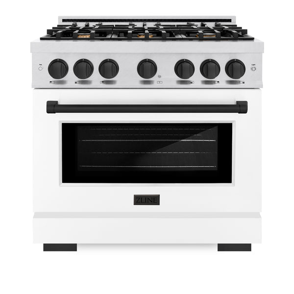 ZLINE Autograph Edition 36 in. 5.2 cu. ft. Select Dual Fuel Range with 6 Burner Gas Cooktop and Electric Convection Oven in Satin Stainless Steel with White Matte Door and Matte Black Accents (HDRSZ-WM-36-MB)