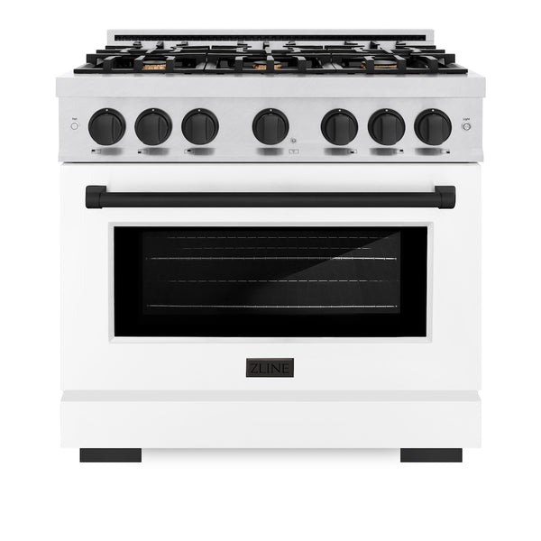 ZLINE Autograph Edition 36 in. 5.2 cu. ft. Select Dual Fuel Range with 6 Burner Gas Cooktop and Electric Convection Oven in Satin Stainless Steel with White Matte Door and Matte Black Accents, Open Box-Great Condition