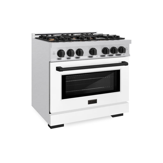 ZLINE Autograph Edition 36 in. 5.2 cu. ft. Select Dual Fuel Range with 6 Burner Gas Cooktop and Electric Convection Oven in Satin Stainless Steel with White Matte Door and Matte Black Accents, Open Box-Great Condition