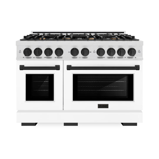 ZLINE Autograph Edition 48 in. 6.7 cu. ft. Select Double Oven Dual Fuel Range with 8 Burner Gas Cooktop in Satin Stainless Steel with White Matte Doors and Matte Black Accents (HDRSZ-WM-48-MB)