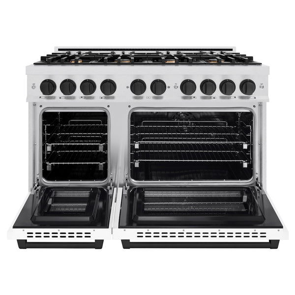 ZLINE Autograph Edition 48 in. 6.7 cu. ft. Select Double Oven Dual Fuel Range with 8 Burner Gas Cooktop in Satin Stainless Steel with White Matte Doors and Matte Black Accents, Open Box-Great Condition