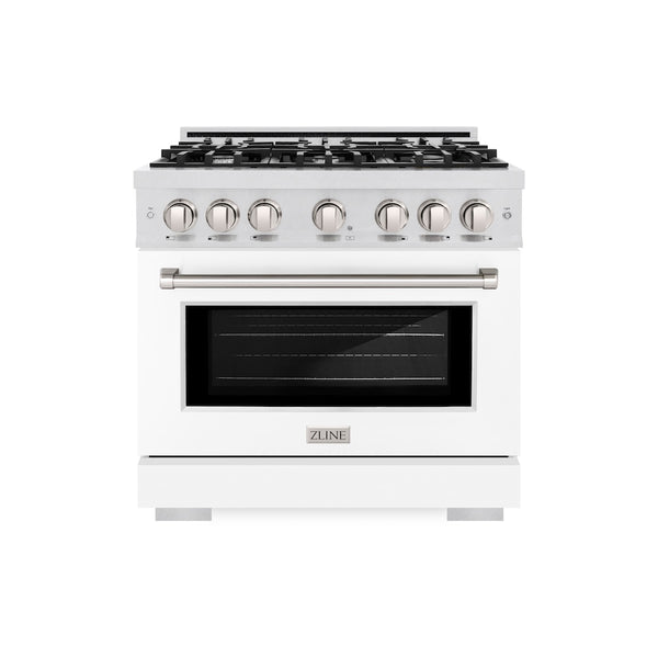 ZLINE 36 in. 5.2 cu. ft. Select Dual Fuel Range with 6 Burner Gas Cooktop and Electric Convection Oven in Satin Stainless Steel with White Matte Door, Open Box-Great Condition