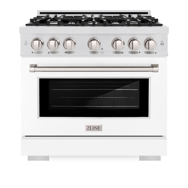 ZLINE 36 in. 5.2 cu. ft. Select Dual Fuel Range with 6 Burner Gas Cooktop and Electric Convection Oven in Satin Stainless Steel with White Matte Door, Open Box-Great Condition