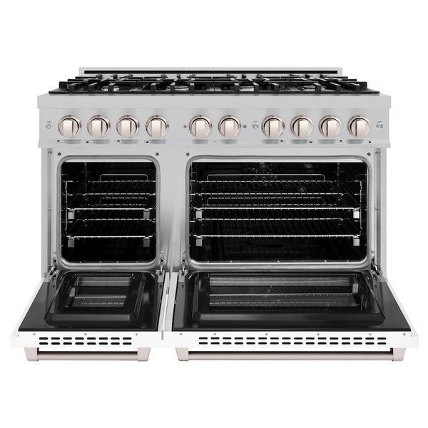 ZLINE 48 in. 6.7 cu. ft. Select Double Oven Dual Fuel Range with 8 Burner Gas Cooktop in Satin Stainless Steel with White Matte Doors, Open Box-Great Condition