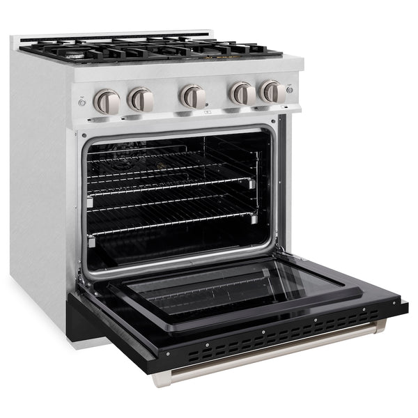ZLINE 30 in. 4.2 cu. ft. Select Gas Range with 4 Burner Cooktop and Convection Gas Oven in Satin Stainless Steel with Black Matte Door, Open Box-Great Condition