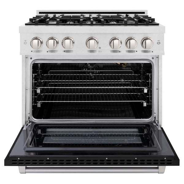 ZLINE 36 in. 5.2 cu. ft. Select Gas Range with 6 Burner Cooktop and Convection Gas Oven in Satin Stainless Steel with Black Matte Door, Open Box-Great Condition