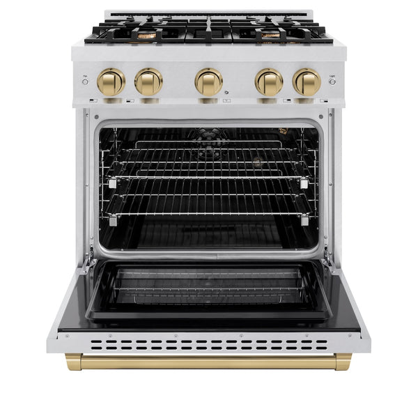 ZLINE Autograph Edition 30 in. 4.2 cu. ft. Select Gas Range with 4 Burner Cooktop and Convection Gas Oven in Satin Stainless Steel and Champagne Bronze Accents, Open Box-Great Condition