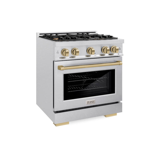 ZLINE Autograph Edition 30 in. 4.2 cu. ft. Select Gas Range with 4 Burner Cooktop and Convection Gas Oven in Satin Stainless Steel and Champagne Bronze Accents, Open Box-Great Condition