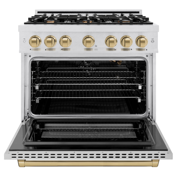 ZLINE Autograph Edition 36 in. 5.2 cu. ft. Select Gas Range with 6 Burner Cooktop and Convection Gas Oven in Satin Stainless Steel and Champagne Bronze Accents, Open Box-Great Condition