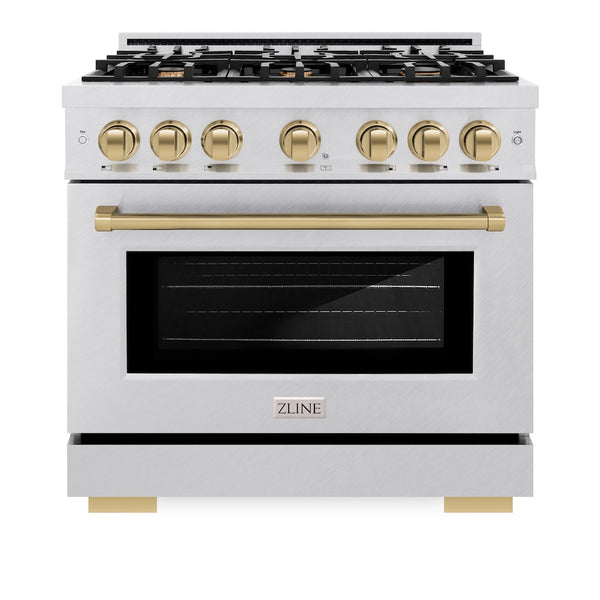 ZLINE Autograph Edition 36 in. 5.2 cu. ft. Select Gas Range with 6 Burner Cooktop and Convection Gas Oven in Satin Stainless Steel and Champagne Bronze Accents, Open Box-Great Condition