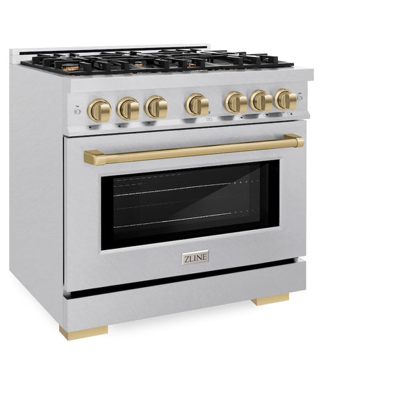 ZLINE Autograph Edition 36 in. 5.2 cu. ft. Select Gas Range with 6 Burner Cooktop and Convection Gas Oven in Satin Stainless Steel and Champagne Bronze Accents, Open Box-Great Condition