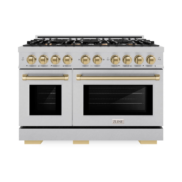 ZLINE Autograph Edition 48 in. 6.7 cu. ft. Select Double Oven Gas Range with 8 Burner Cooktop in Satin Stainless Steel and Champagne Bronze Accents, Open Box-Great Condition