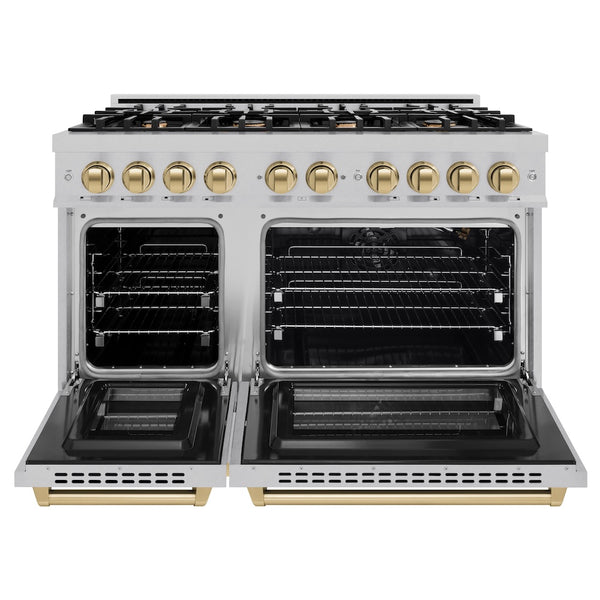 ZLINE Autograph Edition 48 in. 6.7 cu. ft. Select Double Oven Gas Range with 8 Burner Cooktop in Satin Stainless Steel and Champagne Bronze Accents, Open Box-Great Condition