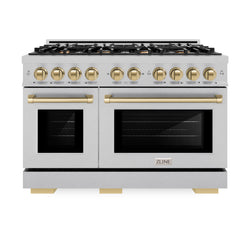 ZLINE Autograph Edition 48 in. 6.7 cu. ft. Select Double Oven Gas Range with 8 Burner Cooktop in Satin Stainless Steel and Champagne Bronze Accents (HGRSZ-48-CB)
