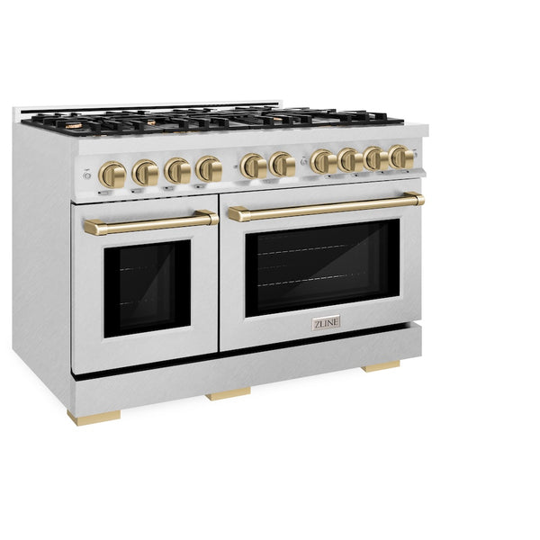 ZLINE Autograph Edition 48 in. 6.7 cu. ft. Select Double Oven Gas Range with 8 Burner Cooktop in Satin Stainless Steel and Champagne Bronze Accents, Open Box-Great Condition