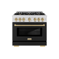 ZLINE Autograph Edition 36 in. 5.2 cu. ft. Select Gas Range with 6 Burner Cooktop and Convection Gas Oven in Satin Stainless Steel with Black Matte Door and Champagne Bronze Accents (HGRSZ-BLM-36-CB)