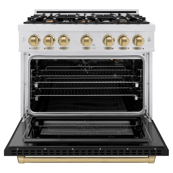 ZLINE Autograph Edition 36 in. 5.2 cu. ft. Select Gas Range with 6 Burner Cooktop and Convection Gas Oven in Satin Stainless Steel with Black Matte Door and Champagne Bronze Accents, Open Box-Great Condition