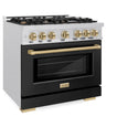 ZLINE Autograph Edition 36 in. 5.2 cu. ft. Select Gas Range with 6 Burner Cooktop and Convection Gas Oven in Satin Stainless Steel with Black Matte Door and Champagne Bronze Accents, Open Box-Great Condition