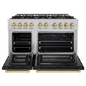 ZLINE Autograph Edition 48 in. 6.7 cu. ft. Select Double Oven Gas Range with 8 Burner Cooktop in Satin Stainless Steel with Black Matte Doors and Champagne Bronze Accents (HGRSZ-BLM-48-CB)